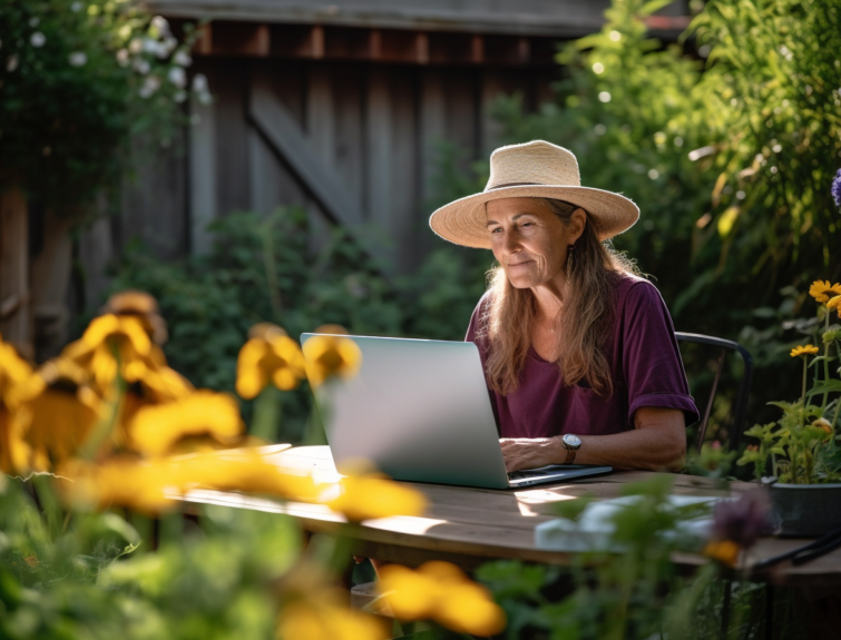 Jak efektywnie uczyć się online? Kobieta uczy się zdalnie z laptopa siedząc w ogrodzie.