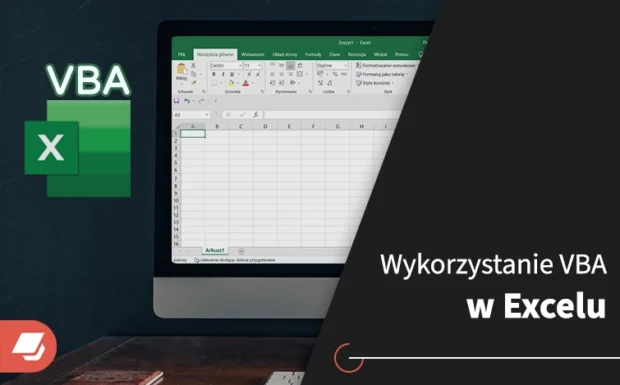 Wykorzystanie VBA w Excelu. Grafika tytułowa artykułu. Komputer wyświetla arkusz Excel.