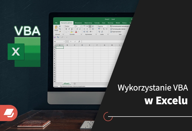 Wykorzystanie VBA w Excelu. Grafika tytułowa artykułu. Komputer wyświetla arkusz Excel.