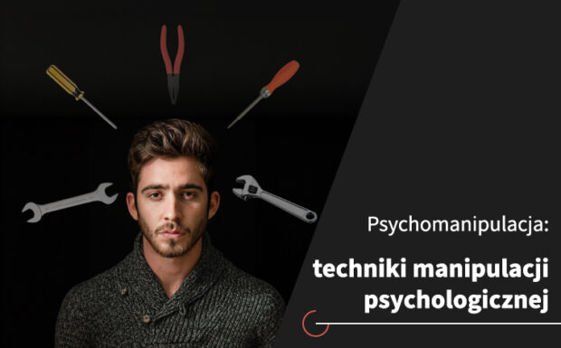 Grafika przedstawia mężczyznę z narzędziami wokół głowy. Symbolizuje to manipulację psychologiczną.