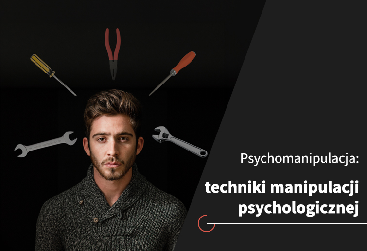 Grafika przedstawia mężczyznę z narzędziami wokół głowy. Symbolizuje to manipulację psychologiczną.