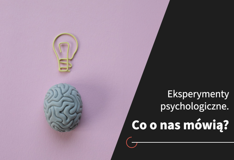 Eksperymenty psychologiczne główna grafika. Symbol żarówki i mózgu na fioletowym tle.