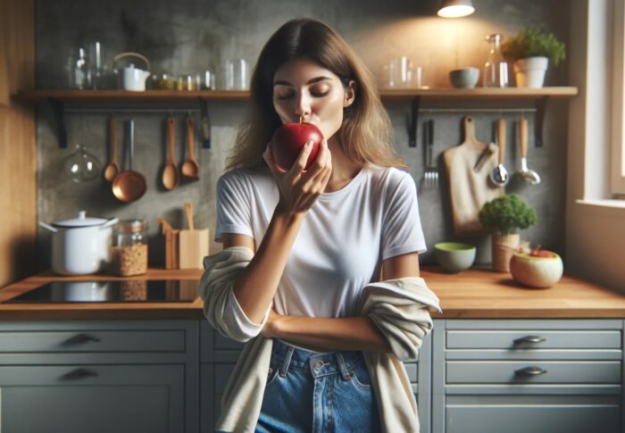 Jak prowadzić zdrowy tryb życia? Kobieta je jabłko w kuchni.