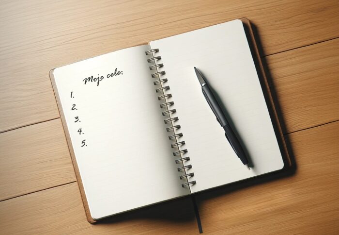Jak prowadzić zdrowy tryb życia? Na biurku leży notes i długopis. W notesie jest napis "moje cele".