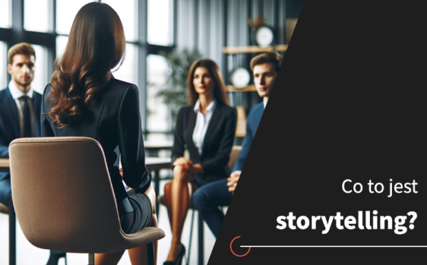 Co to jest storytelling? Kobieta opowiada historię trzem osobom. Wszyscy siedzą na krzesłach.