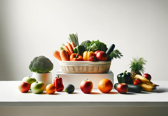 Rekomendowana dieta dla insulinoopornych. Warzywa i owoce rozłożone na białym stole.